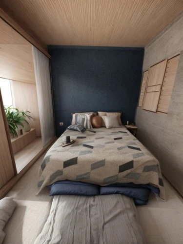 inverted cottage,canopy bed,sleeping room,small cabin,bedroom,japanese-style room,teardrop camper,guest room,guestroom,modern room,room divider,bed frame,futon pad,3d rendering,cabin,small camper,wooden mockup,bed,sky apartment,mobile home,Interior Design,Bedroom,Modern,French Zen