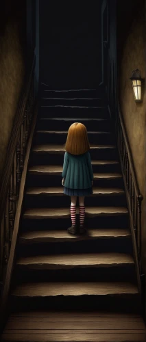 girl on the stairs,girl walking away,the threshold of the house,lonely child,adventure game,the little girl,doll's house,game illustration,threshold,stairs,passage,creepy doorway,attic,descent,nightmare,chara,stairway,loneliness,stair,penumbra,Illustration,Abstract Fantasy,Abstract Fantasy 22