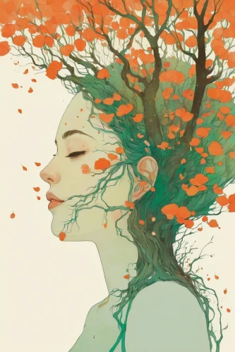 dryad,girl with tree,orange blossom,natura,flora,rooted,orange tree,tree crown,digital illustration,the branches of the tree,branching,flourishing tree,girl in a wreath,dry bloom,blossoms,tree thoughtless,bloom,woman silhouette,mucha,tangerine tree,Illustration,Paper based,Paper Based 19