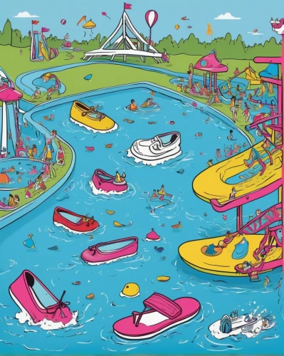 pedal boats,water park,boat rapids,pedalos,amusement park,white water inflatables,summer floatation,paddle boat,river course,water games,surface water sports,lagoon,theme park,water game,water courses,boats,seaside resort,swim ring,water sports,playmat,Illustration,Children,Children 06