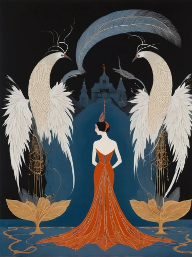 art deco woman,swan lake,art deco,constellation swan,trumpet of the swan,the snow queen,mourning swan,fantasia,fairy tales,cd cover,anna may wong,art deco ornament,children's fairy tale,the carnival of venice,white swan,firebirds,peking opera,pageant,orientalism,art nouveau design,Illustration,Retro,Retro 26