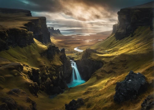 haifoss,fantasy landscape,seljalandsfoss,skogafoss,eastern iceland,isle of skye,kirkjufell river,kirkjufell,iceland,wasserfall,futuristic landscape,gufufoss,valley of desolation,kirkjufellfoss,scottish highlands,fantasy picture,fallen giants valley,highlands,falls of the cliff,canyon,Illustration,Realistic Fantasy,Realistic Fantasy 37