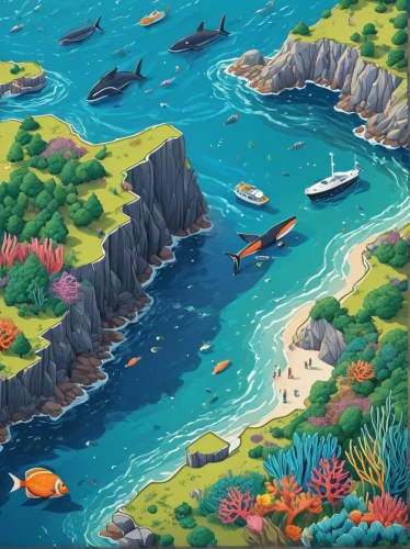 studio ghibli,archipelago,kei islands,coral reef,boat landscape,navajo bay,coastal landscape,islands,boats,jeju,cliffs ocean,fishing village,sea landscape,peninsula,dolphin coast,tropical sea,an island far away landscape,ocean,harbor,sea,Unique,3D,Isometric