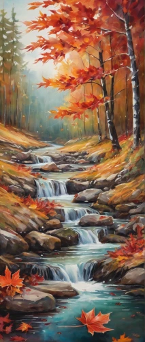 fall landscape,autumn landscape,flowing creek,autumn background,oil painting on canvas,brook landscape,river landscape,autumn forest,forest landscape,autumn idyll,oil painting,mountain stream,robert duncanson,oil on canvas,autumn mountains,autumn scenery,fall foliage,autumn theme,flowing water,mountain river,Illustration,Paper based,Paper Based 04