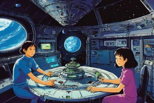 studio ghibli,earth station,sci fiction illustration,space voyage,heliosphere,space tourism,space craft,cosmonautics day,space walk,lost in space,spaceship space,orbiting,space capsule,ufo interior,spacewalks,astronautics,sidonia,spacewalk,astronauts,earth rise,Illustration,Japanese style,Japanese Style 20