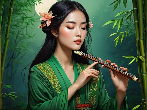 bamboo flute,flute,the flute,block flute,flautist,pan flute,tin whistle,traditional chinese musical instruments,chinese art,woodwind instrument,western concert flute,oriental painting,violin player,wind instrument,oriental princess,oriental girl,woman playing violin,transverse flute,oboist,panpipe,Illustration,Realistic Fantasy,Realistic Fantasy 45