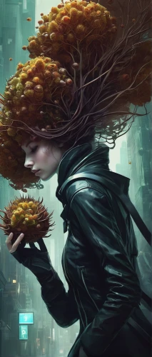 dryad,sci fiction illustration,transistor,nautilus,girl with tree,mushroom landscape,tree mushroom,kelp,medusa,symbiotic,coral guardian,fallen acorn,echidna,pollinate,flying seeds,nuphar,matrix,flora,rooted,synapse,Illustration,Realistic Fantasy,Realistic Fantasy 15