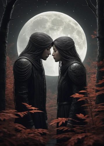 mirror of souls,photomanipulation,romantic scene,fantasy picture,romantic portrait,gothic portrait,photo manipulation,amorous,dark art,sci fiction illustration,whispering,phase of the moon,moonrise,forbidden love,sun and moon,secret garden of venus,fantasy art,love in the mist,parallel worlds,lovers,Illustration,Realistic Fantasy,Realistic Fantasy 17