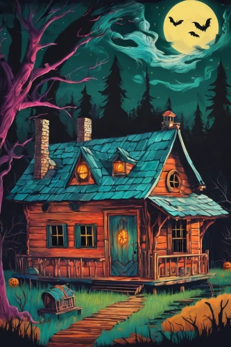 witch's house,witch house,lonely house,house in the forest,haunted house,halloween illustration,cottage,the haunted house,little house,halloween background,summer cottage,halloween scene,halloween wallpaper,halloween poster,creepy house,wooden house,log cabin,log home,house painting,country cottage,Illustration,Abstract Fantasy,Abstract Fantasy 13