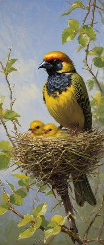 bird painting,eurasian golden oriole,european bee eater,dickcissel,bee eater,cape weavers,cuban oriole,birds on a branch,tropical bird climber,oil painting,blackburnian warbler,cape weaver,old world oriole,spring nest,bird illustration,eastern meadowlark,bananaquit,sunbird,birds on branch,coastal bird,Art,Artistic Painting,Artistic Painting 04