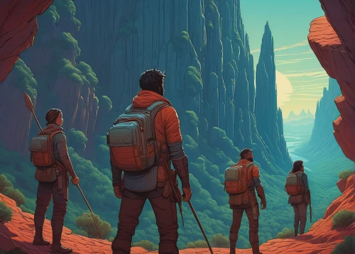 travelers,digital nomads,guards of the canyon,hikers,backpacking,exploration,scouts,sci fiction illustration,pathfinders,travel poster,explorer,traveler,explore,canyon,mountain guide,journey,wander,hiker,adventurer,forest workers,Conceptual Art,Daily,Daily 25