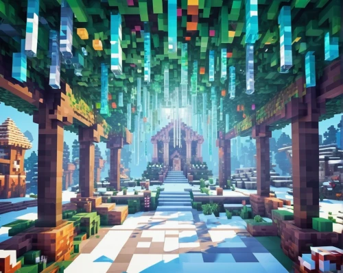 aurora village,minecraft,fantasy city,cube background,fairy village,cubic,holy forest,winter garden,elven forest,3d fantasy,fairy world,ancient city,dandelion hall,biome,eco,glass blocks,spacescraft,fairy forest,render,cubes,Unique,Pixel,Pixel 03