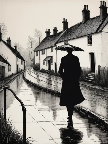 man with umbrella,olle gill,james handley,martin fisher,brolly,george russell,andreas cross,lee slattery,walking in the rain,lan thom,holmes,monochrome photography,james sowerby,francis barlow,carol colman,houses silhouette,lamplighter,nicholas boots,blackandwhitephotography,carol m highsmith,Illustration,Black and White,Black and White 24