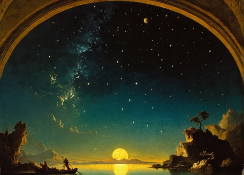 fantasy landscape,space art,astronomy,night scene,fantasy picture,stargate,rem in arabian nights,starscape,celestial phenomenon,celestial bodies,planetarium,gateway,fantasia,fantasy world,light of night,myst,summer solstice,the night sky,portals,archway,Art,Classical Oil Painting,Classical Oil Painting 40