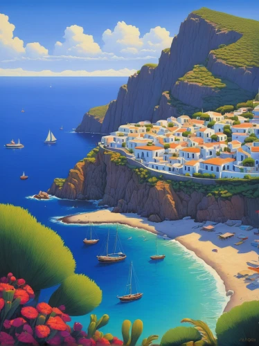 coastal landscape,beach landscape,capri,mediterranean,balearic islands,greek islands,greek island,sea landscape,seaside resort,fishing village,portofino,mediterranean sea,madeira,balearica,saint martin,landscape with sea,seaside country,the balearics,scilla,seaside view,Illustration,Realistic Fantasy,Realistic Fantasy 26