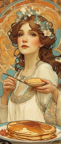 plate of pancakes,mucha,woman holding pie,art nouveau,girl with cereal bowl,blini,pancakes,art nouveau design,girl with bread-and-butter,pancake week,galette des rois,pancake,spring pancake,breakfast plate,victorian lady,mille-feuille,chinaware,dulce de leche,avena,mary-gold,Illustration,Retro,Retro 03