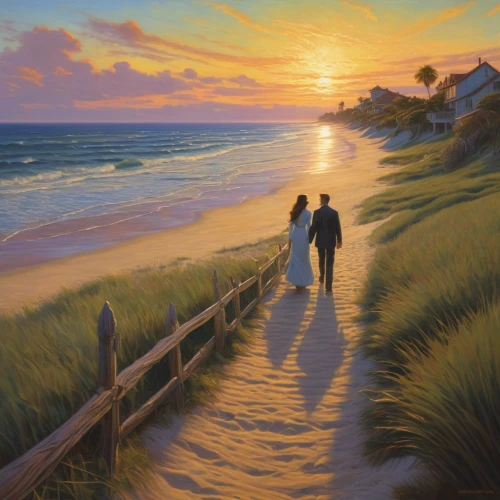 loving couple sunrise,beach landscape,cape cod,beach walk,walk on the beach,pathway,oil painting,oil painting on canvas,sunset beach,coastal landscape,carol colman,sunrise beach,martha's vineyard,dune ridge,walkway,seaside country,the road to the sea,art painting,board walk,golden sands,Illustration,Realistic Fantasy,Realistic Fantasy 03