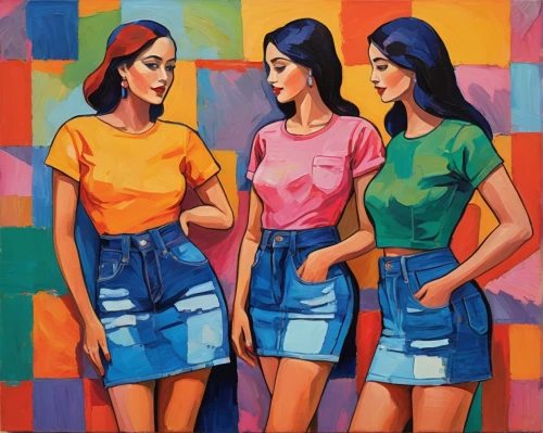 three primary colors,oil painting on canvas,young women,women's clothing,oil on canvas,sewing pattern girls,trio,women clothes,girl-in-pop-art,color blocks,three friends,oil painting,modern pop art,the three graces,popart,women's legs,pop art colors,saturated colors,teens,ladies clothes,Conceptual Art,Oil color,Oil Color 25