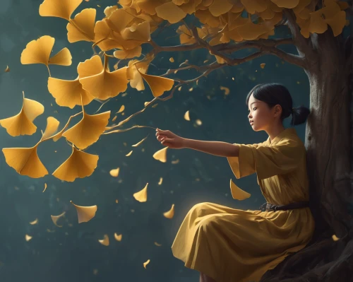 throwing leaves,yellow petals,yellow leaves,yellow leaf,gingko,yellow petal,golden leaf,ginkgo,gold leaves,girl with tree,ginko,falling on leaves,golden autumn,golden rain,world digital painting,golden apple,lanterns,golden trumpet tree,yellow bells,yellow rose background,Conceptual Art,Fantasy,Fantasy 01
