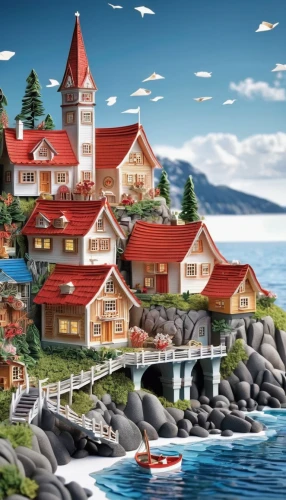 houses clipart,seaside resort,popeye village,resort town,aurora village,fisherman's house,fishing village,seaside country,escher village,wooden houses,thimble islands,nubble,alpine village,newfoundland,house by the water,coastal landscape,boathouse,maine,mountain village,cottagecore,Unique,Paper Cuts,Paper Cuts 09