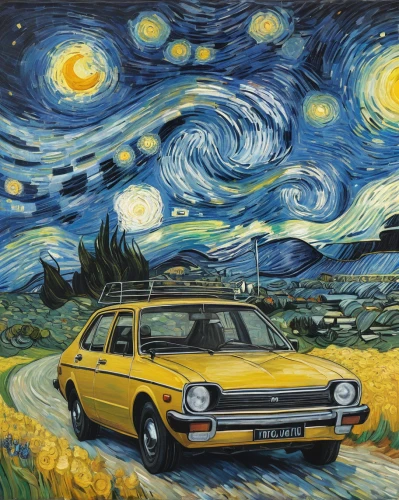 starry night,moon car,yellow taxi,oil painting on canvas,yellow car,oil on canvas,chalk drawing,starry sky,bobby-car,station wagon-station wagon,art painting,austin allegro,taxi cab,volkswagen golf,vintage art,oil painting,automobile,cool pop art,oil paint,space art,Art,Artistic Painting,Artistic Painting 03