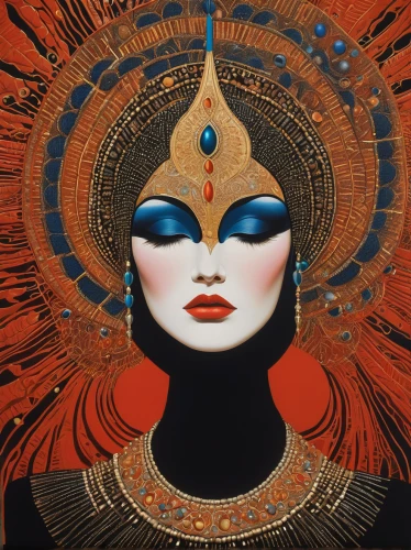 art deco woman,orientalism,somtum,shamanic,indian art,priestess,peking opera,oriental princess,third eye,indian headdress,headdress,bodhisattva,venetian mask,masque,buddhism,golden mask,asian vision,tantra,shiva,head woman,Illustration,Retro,Retro 26