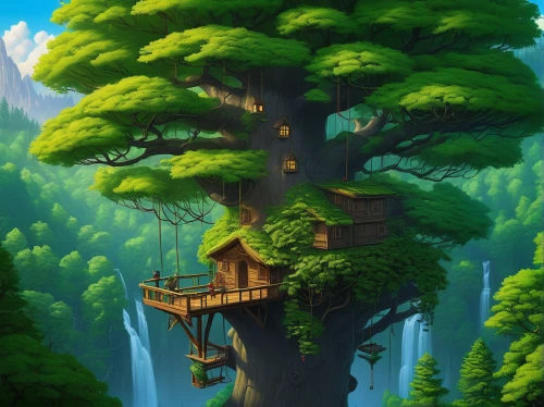 tree house,treehouse,tree house hotel,tree top,house in the forest,tree tops,treetop,tree top path,fairy chimney,treetops,druid grove,dragon tree,bird kingdom,devilwood,fairy house,cartoon forest,log home,the japanese tree,forest tree,mushroom landscape,Illustration,Realistic Fantasy,Realistic Fantasy 26