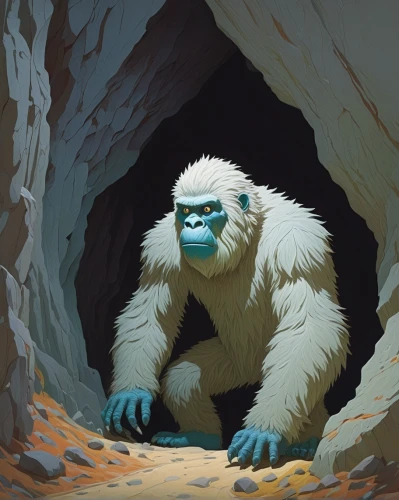 gorilla,yeti,cave man,monkey island,ape,primate,game illustration,baboon,anthropomorphized animals,macaque,the monkey,silverback,kong,neanderthal,great apes,caveman,chimpanzee,cave tour,snow monkey,scandia gnome,Conceptual Art,Oil color,Oil Color 16