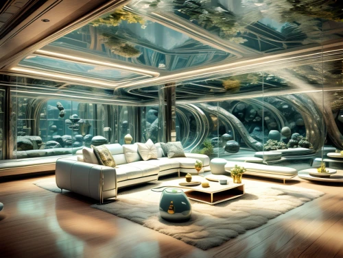 aquarium decor,ornate room,fractal environment,fish tank,glass roof,luxury home interior,mirror house,aquarium,aquariums,ufo interior,terrarium,dandelion hall,penthouse apartment,great room,interior design,futuristic landscape,sky space concept,conservatory,3d fantasy,living room