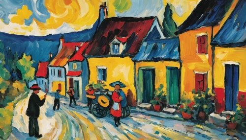 street scene,post impressionism,village scene,vincent van gough,landsberg,promenade,village street,braque francais,escher village,vincent van gogh,the cobbled streets,getreidegasse,post impressionist,bergen,braque du bourbonnais,church painting,montmartre,cottages,row of houses,1921,Art,Artistic Painting,Artistic Painting 37