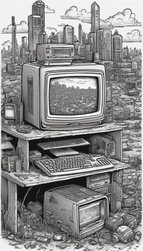 electronic waste,post apocalyptic,post-apocalypse,post-apocalyptic landscape,dystopia,industries,dystopian,computer system,obsolete,wasteland,computer addiction,barebone computer,electronics,computer hardware,internet of things,virtual world,computer,cyberpunk,destroyed city,computer workstation,Illustration,Black and White,Black and White 14