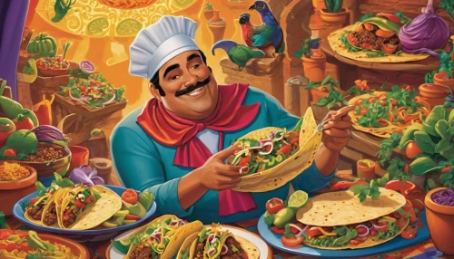 mediterranean cuisine,iranian cuisine,cooking book cover,tacos,taco,tacos food,tex-mex food,mexican foods,chef,punjabi cuisine,fajita,mexican food,turkish cuisine,sicilian cuisine,mexican culture,mexican,mediterranean food,kabsa,tortilla,pozole,Illustration,American Style,American Style 05