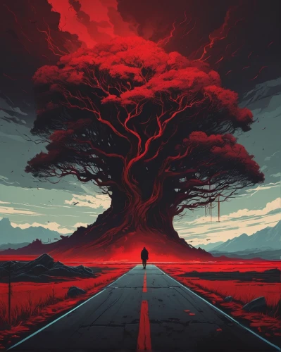 red tree,eruption,volcano,volcanic,apocalypse,tree of life,lone tree,the eruption,lava,burning tree trunk,volcanic eruption,nature's wrath,scorched earth,volcanism,burning earth,red background,red sky,landscape red,isolated tree,volcanos,Conceptual Art,Fantasy,Fantasy 32
