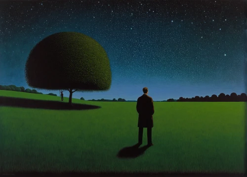 silhouette of man,standing man,thinking man,lone tree,lonely chestnut,solitary,isolated,loneliness,green fields,astronomer,man silhouette,night scene,to be alone,tree thoughtless,isolated tree,earth rise,surrealism,green tree,trembling grass,girl with tree,Art,Artistic Painting,Artistic Painting 30