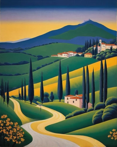 tuscan,volterra,campagna,travel poster,italian poster,piemonte,tuscany,apulia,puglia,italian painter,olive grove,bellini,home landscape,montepulciano,rural landscape,landscape,buxoro,la violetta,segugio italiano,arroyo,Illustration,Retro,Retro 26