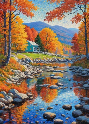 fall landscape,autumn landscape,vermont,river landscape,home landscape,fall foliage,painting technique,church painting,new england,landscape background,rural landscape,autumn background,autumn idyll,cottage,maine,autumn mountains,mountain scene,autumn scenery,house with lake,house in mountains,Conceptual Art,Daily,Daily 31