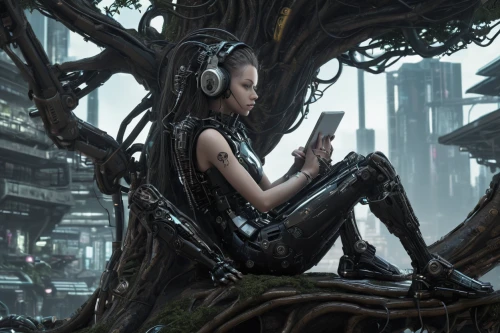 sci fiction illustration,cyberpunk,e-reader,ereader,cybernetics,e-book readers,reading,connected world,book electronic,girl studying,readers,dryad,mobile devices,virtual world,woman holding a smartphone,girl with tree,scifi,the girl next to the tree,read a book,women in technology,Conceptual Art,Sci-Fi,Sci-Fi 09