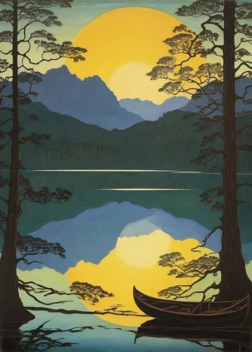 lake tanuki,cool woodblock images,japan landscape,kumano kodo,olle gill,travel poster,arashiyama,evening lake,japanese art,woodblock prints,shirakami-sanchi,golden pavilion,japan,yakushima,the chubu sangaku national park,the golden pavilion,forest landscape,shizuoka prefecture,oriental painting,japan's three great night views,Illustration,Black and White,Black and White 28