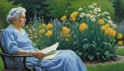 daffodils,flower painting,blonde woman reading a newspaper,barbara millicent roberts,girl studying,girl in the garden,oil painting,daffodil,elderly lady,oil painting on canvas,grandmother,yellow daffodils,jonquils,daffodil field,work in the garden,english garden,woman sitting,reading,author,spring garden,Art,Classical Oil Painting,Classical Oil Painting 15