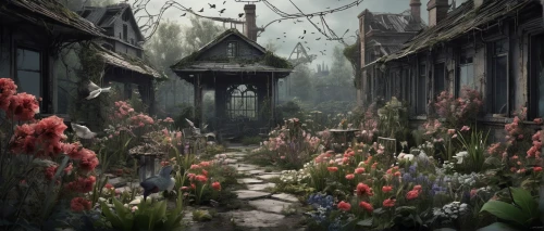 dandelion hall,witch's house,fairy village,apothecary,flower shop,witch house,amaryllis,elven forest,amaryllis family,flower booth,fairy house,lostplace,abandoned place,fairy forest,cottage garden,hall of the fallen,lost place,the threshold of the house,fairy world,house in the forest,Conceptual Art,Fantasy,Fantasy 33