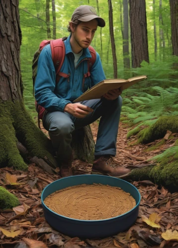 handpan,fungal science,polypore,chestnut bolete,chaga mushroom,field drum,disc fungus,foragers,forest workplace,foraging,wildlife biologist,panning,portable stove,wooden plate,woodsman,natural rubber,brown hat,forest mushroom,permaculture,bodhrán,Illustration,Retro,Retro 16