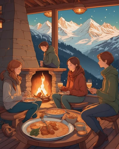 alpine restaurant,campfire,warmth,romantic dinner,dining,bavarian dinner,campfires,autumn camper,warm and cozy,family dinner,fireside,cabin,the cabin in the mountains,dinner for two,saganaki,winter festival,dinner,autumn taste,placemat,lodge,Illustration,Japanese style,Japanese Style 15