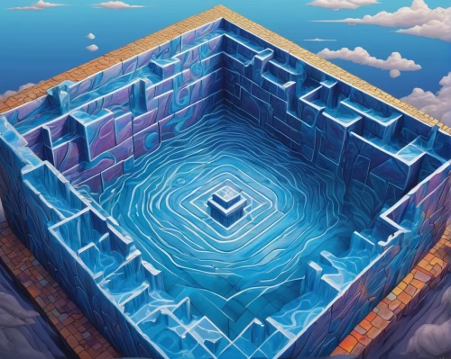 cube sea,cube background,water cube,ice castle,underground lake,maze,isometric,water castle,cube,diamond lagoon,cubes,cube house,chasm,igloo,hollow blocks,cubic,dug-out pool,sinkhole,floating islands,fort,Illustration,Abstract Fantasy,Abstract Fantasy 21