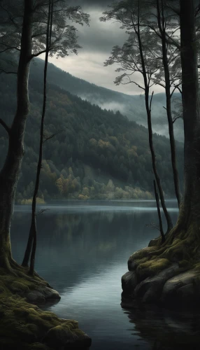 loch,evening lake,calm water,river landscape,landscape background,forest landscape,mountainlake,loch drunkie,waterscape,calm waters,mountain lake,beautiful lake,lake tanuki,tranquility,water scape,nature landscape,world digital painting,the lake,fantasy landscape,lake,Conceptual Art,Fantasy,Fantasy 34