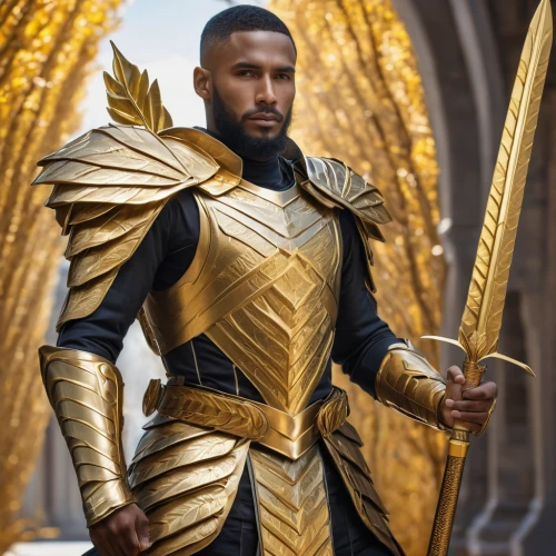 knight armor,king arthur,paladin,gold foil 2020,best arrow,the gold standard,armor,quill,armour,king caudata,gladiator,armored,a black man on a suit,african american male,black professional,knight,fantasy warrior,cauderon,gold wall,yellow-gold,Photography,General,Natural