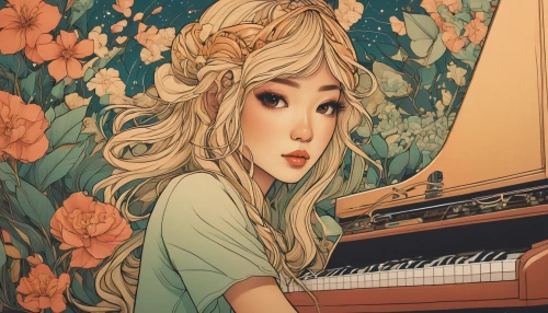 pianist,pianet,piano,iris on piano,jessamine,piano lesson,play piano,harpsichord,pianos,piano keyboard,clavichord,concerto for piano,the piano,composer,piano player,piano books,spinet,composing,synthesizer,keyboard instrument,Illustration,Japanese style,Japanese Style 15