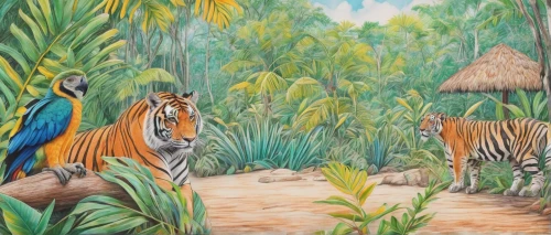 tropical animals,hunting scene,tigers,forest animals,wildlife reserve,animal kingdom,animals hunting,woodland animals,animal zoo,khokhloma painting,belize zoo,oil painting on canvas,sumatran,bengalenuhu,exotic animals,glass painting,wildlife park,tropical jungle,wild animals crossing,oil painting,Conceptual Art,Daily,Daily 17