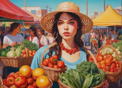 farmers market,farmer's market,market,hippy market,fruit market,the market,grocer,greengrocer,large market,farmers local market,vegetable market,woman eating apple,oil painting,fruit stand,vietnamese woman,marketplace,oil painting on canvas,woman shopping,eastern market,italian painter,Conceptual Art,Daily,Daily 15