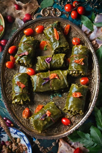 wild grape leaves,vine leaves,grape leaves,spanakopita,dolma,saag,kabab koobideh,spinach dumplings,rajas con crema,adana kebabı,paan,sarma,curry leaves,baklava,chelow kabab,okra peji,iranian cuisine,za'atar,novruz,ekmek kadayıfı,Illustration,Realistic Fantasy,Realistic Fantasy 02