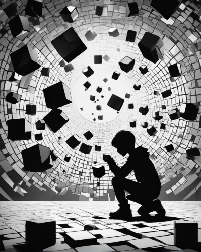 menger sponge,building blocks,magic cube,child with a book,mechanical puzzle,read-only memory,learning disorder,child playing,virtual world,inner child,computational thinking,building block,data blocks,children's background,cube surface,imagination,anechoic,puzzle,chess cube,metaverse,Illustration,Black and White,Black and White 33